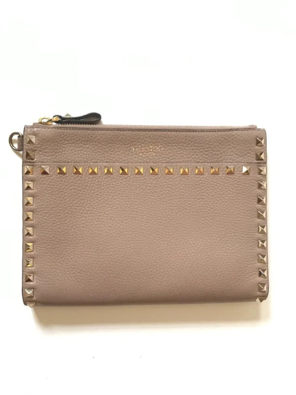 Valentino Garavani Rockstud Flat Pouch Bag Purse Clutch Womens Poudre Leather